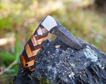 Premium Handmade Damascus Folding Knife - Best for Hunting and Survival - High end handle - With sheath